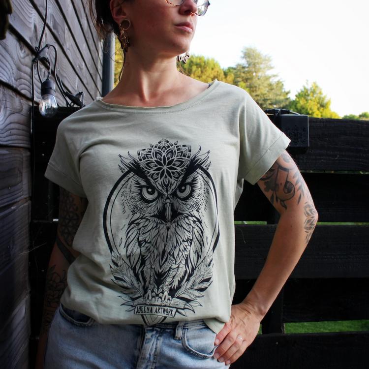 T-shirt sérigraphie Owl femme soft salvia